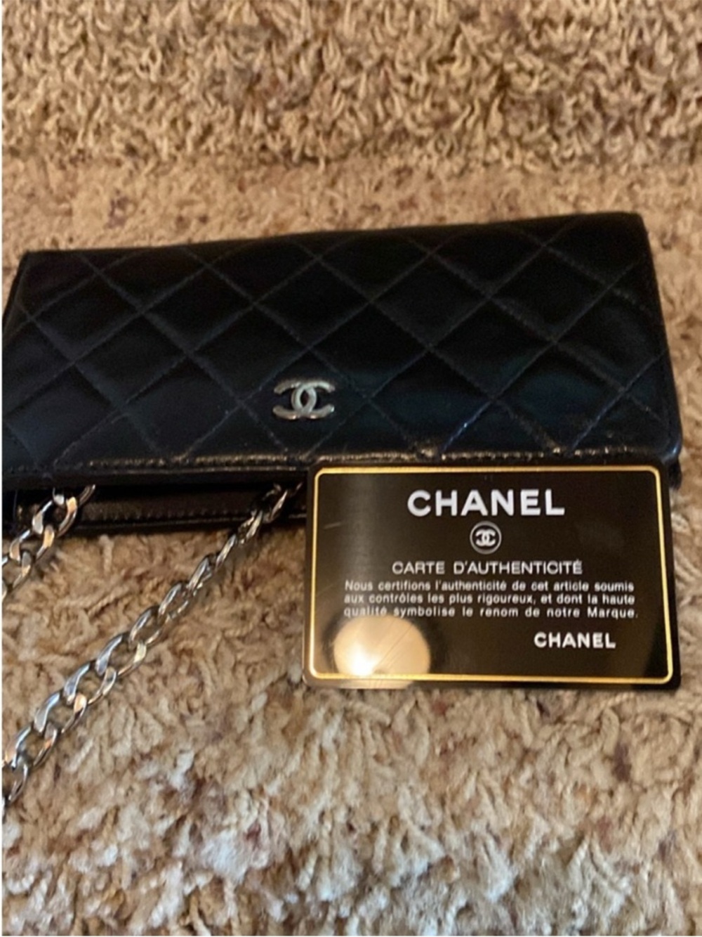 CHANEL Black Quilted Leather Wallet on Chain with Silver Hardware